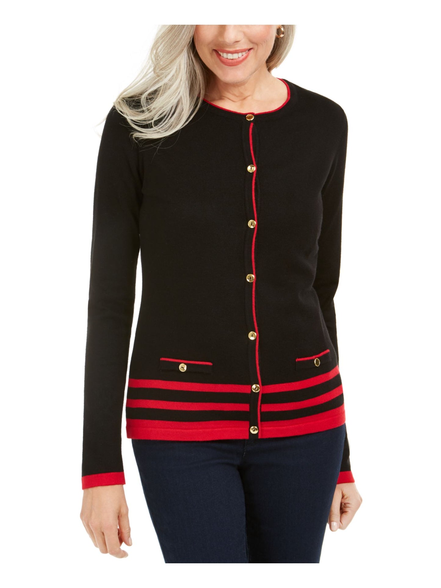 Karen Scott Womens Black Striped Long Sleeve Button up Sweater Black Size Medium