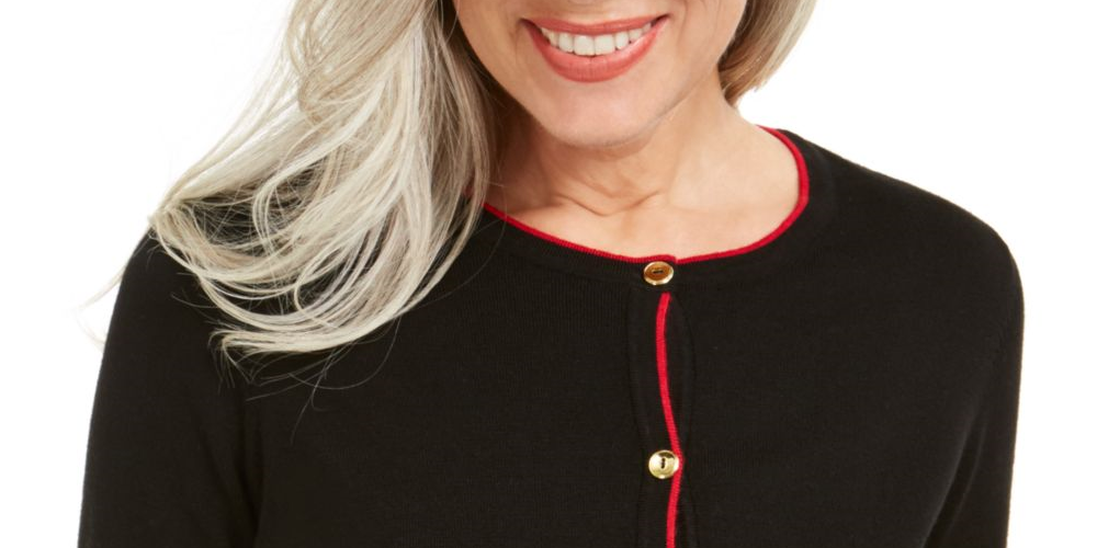 Karen Scott Womens Black Striped Long Sleeve Button up Sweater Black Size Medium