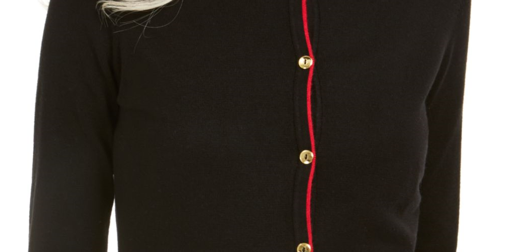 Karen Scott Womens Black Striped Long Sleeve Button up Sweater Black Size Medium