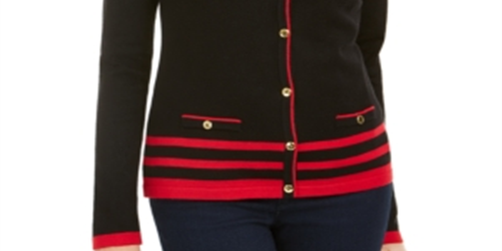 Karen Scott Womens Black Striped Long Sleeve Button up Sweater Black Size Medium