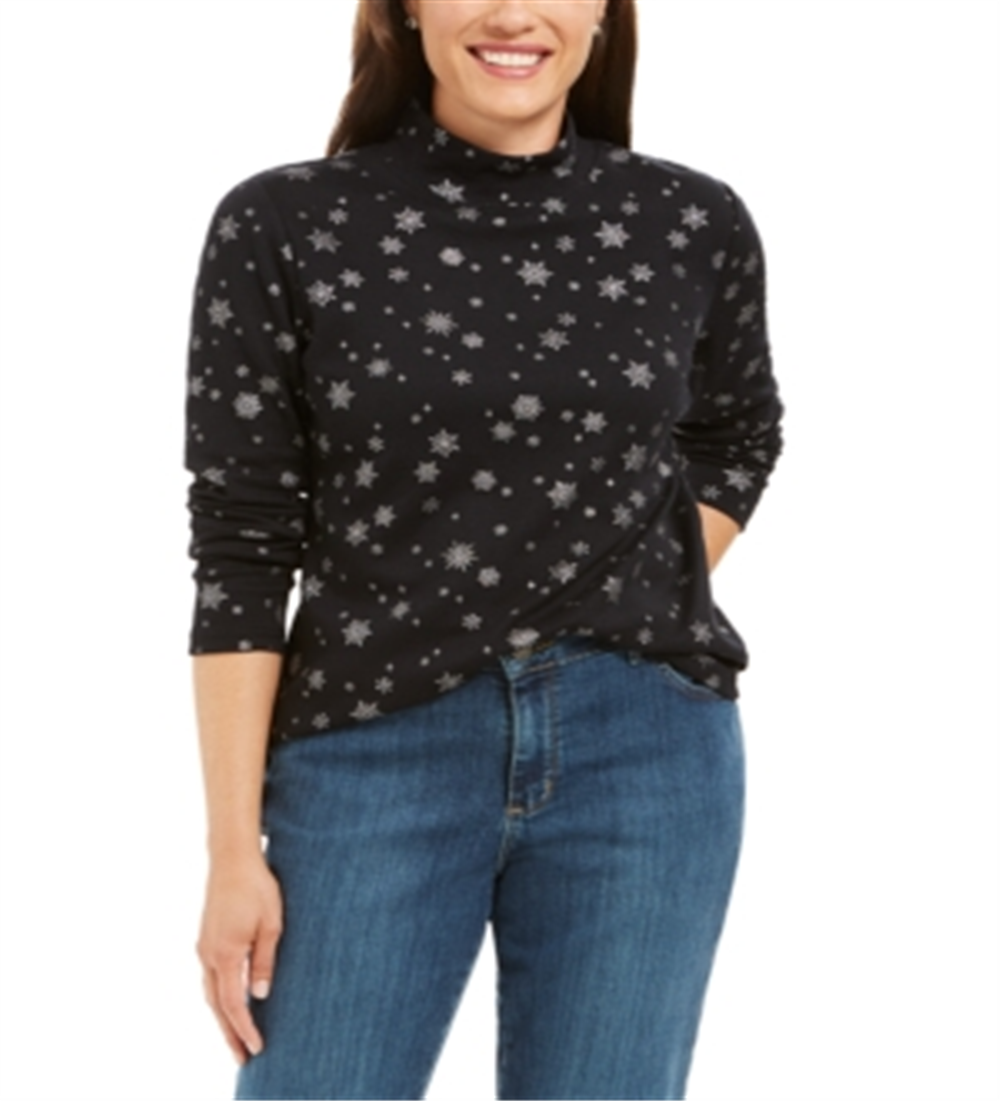 Karen Scott Women's Snowy Glory Mock Neck Top Black Size Petite L