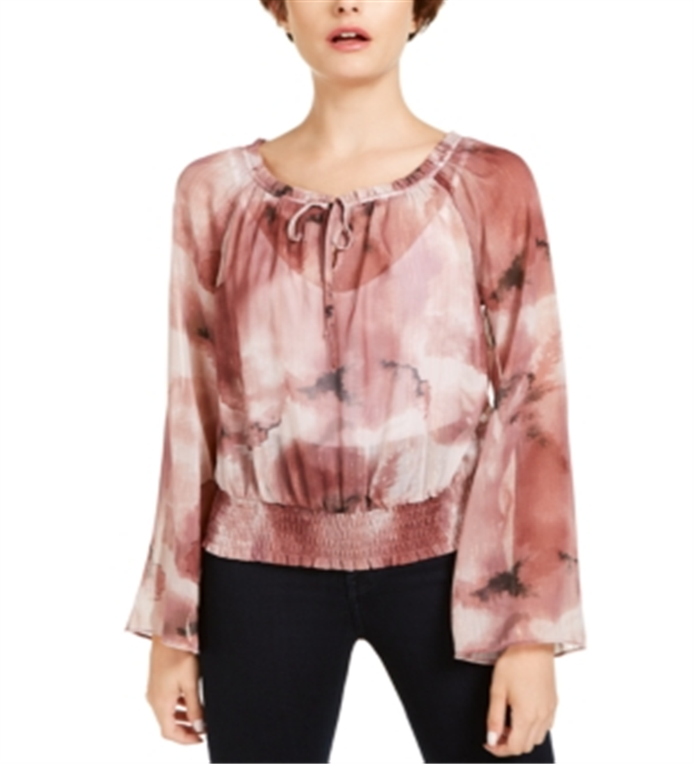 INC International Concepts Women's Metallic Printed Smocked Peasant Top Pink Size X-Small