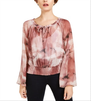 INC International Concepts Women's Metallic Printed Smocked Peasant Top Pink Size X-Small