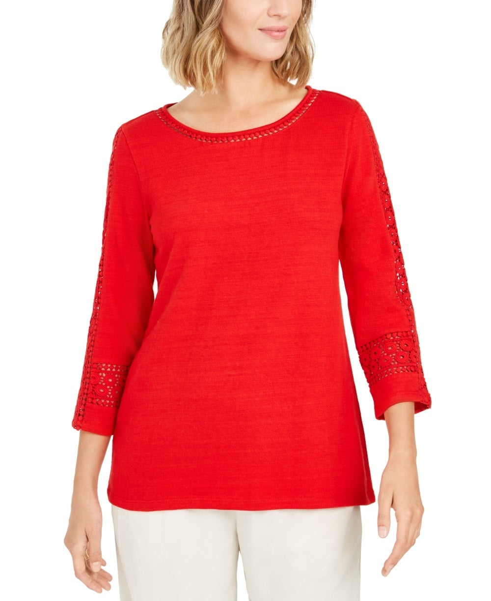 Charter Club Women's Crochet Inset Top Red Size Large