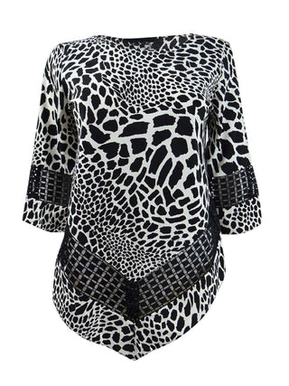 Alfani Women's Printed Crochet Trim Top White-Black Size Petite L