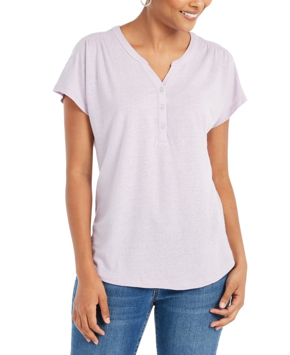 Style & Co Women's Dolman Sleeve Henley Linen Blend Top Purple Size Small