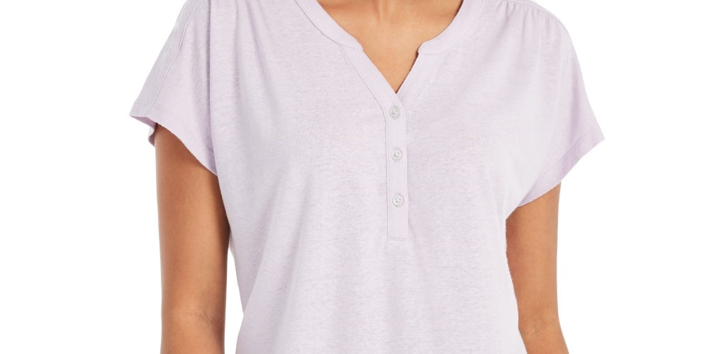 Style & Co Women's Dolman Sleeve Henley Linen Blend Top Purple Size Small