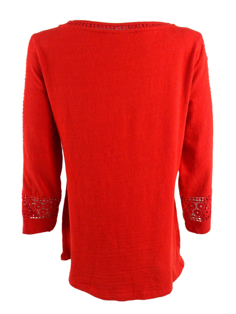 Charter Club Women's Crochet Inset Top Red Size Small