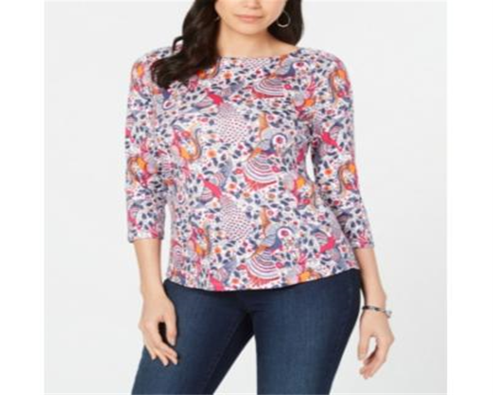 Charter Club Women's Pima Cotton Printed Boat Neck Top  Multi Floral Size Large