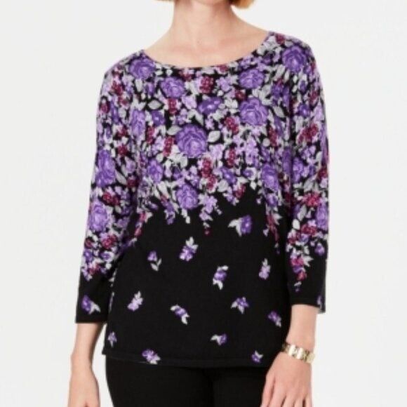 Karen Scott Women's Petite Printed 3/4-Sleeve Sweater Black Size Petite Small