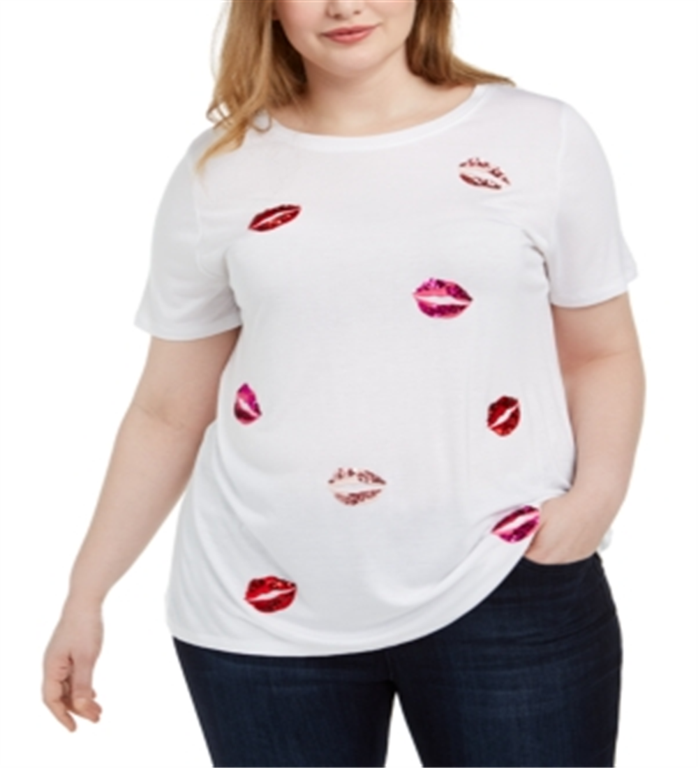 INC International Concepts Women's Plus Sequin Lips Top White Size 0X