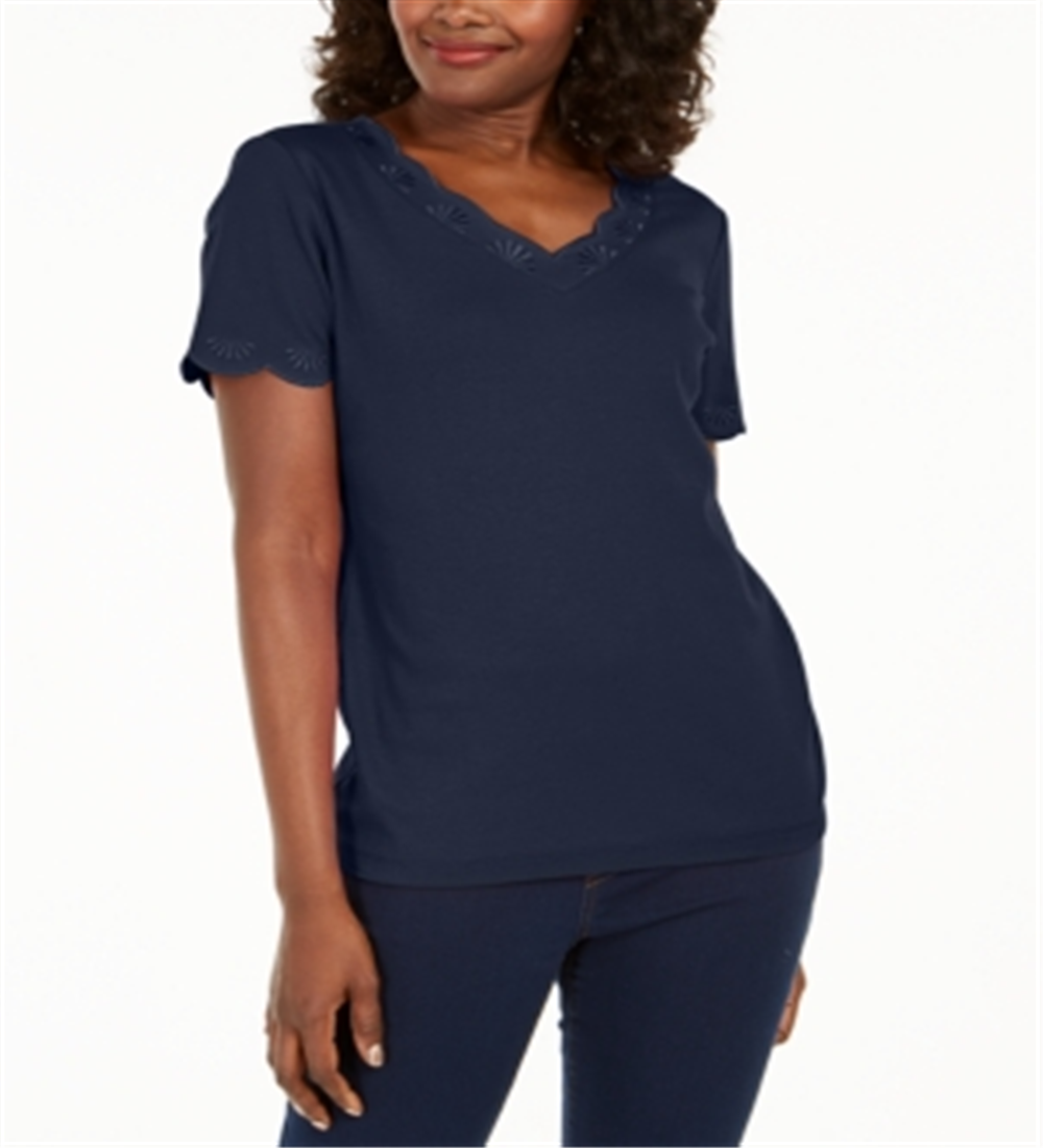 Karen Scott Women's Cotton Scalloped V Neck T-Shirt Blue Size Small