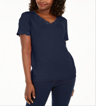 Karen Scott Women's Cotton Scalloped V Neck T-Shirt Blue Size Small