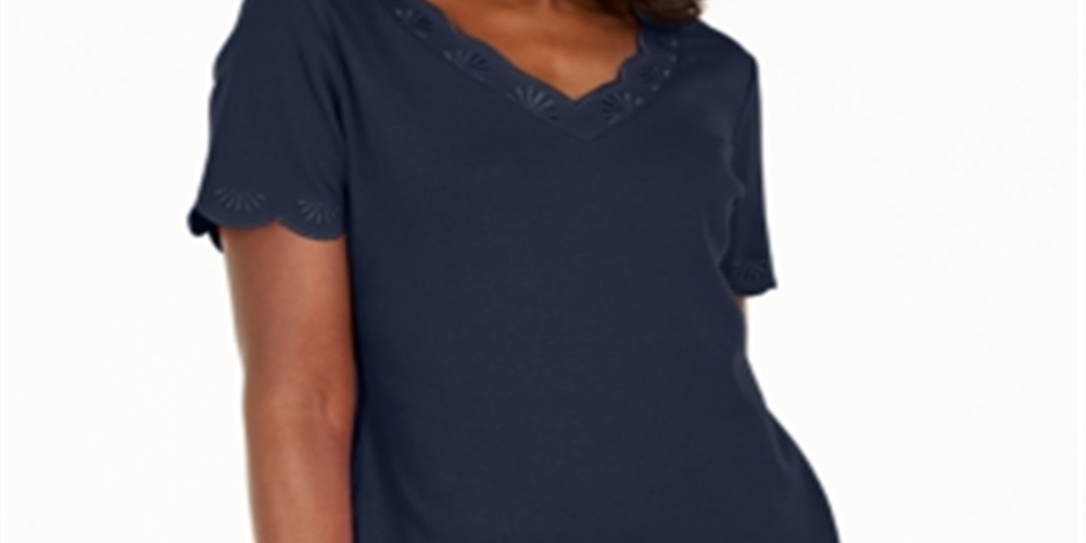 Karen Scott Women's Cotton Scalloped V Neck T-Shirt Blue Size Small