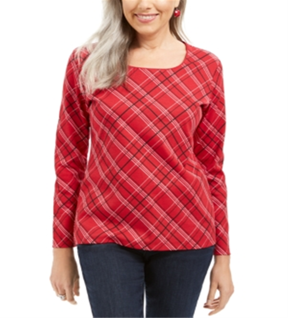 Karen Scott Women's Holly Plaid Embellished Top Red Size Small