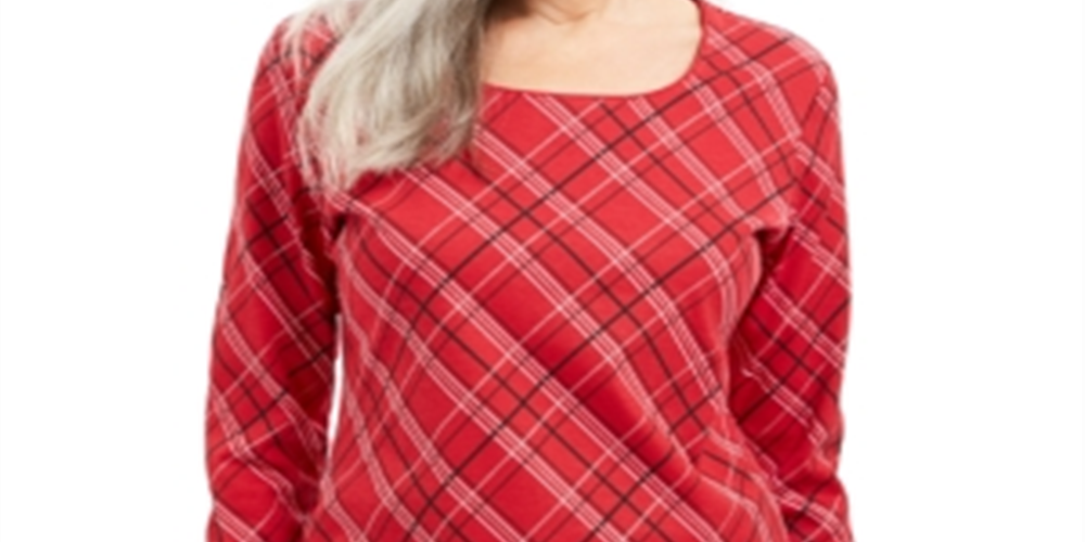 Karen Scott Women's Holly Plaid Embellished Top Red Size Small