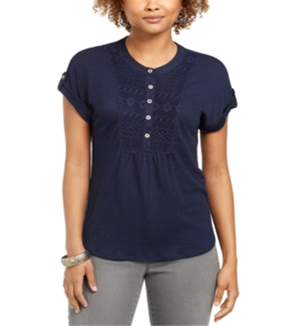 Style & Co Women's Crochet Bib Textured Top Blue Size XX-Large