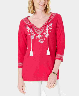 Charter Club Women's Cotton Embroidered Tunic  Dark Pink Size Medium