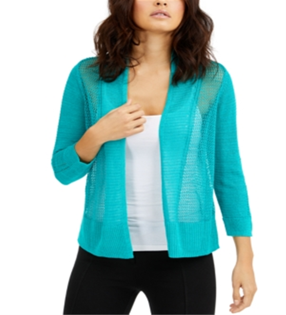 Alfani Women's Mixed Stitch Open Front Linen Blend Cardigan Blue Size Medium