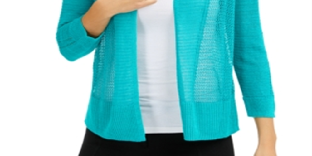 Alfani Women's Mixed Stitch Open Front Linen Blend Cardigan Blue Size Medium