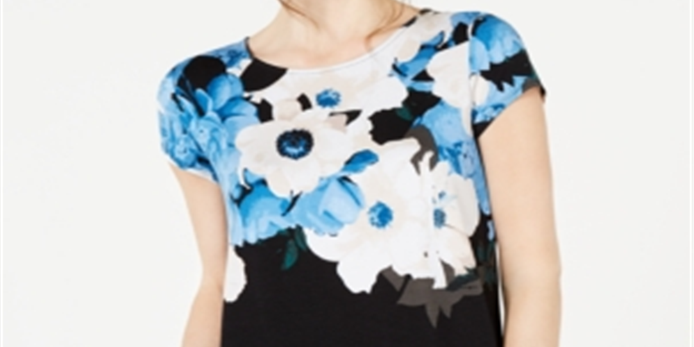 Alfani Women's Printed Round Hem T-Shirt Blue Size Petite Medium