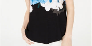 Alfani Women's Printed Round Hem T-Shirt Blue Size Petite Medium