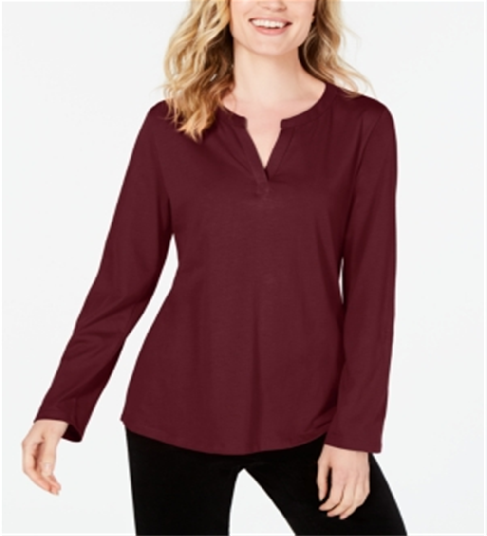 Charter Club Women's Supima Cotton Split Neck Top Wine Size Petite XL