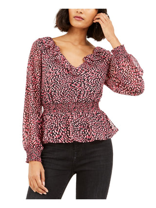 Bar III Women's Printed Double V Neck Peplum Top Pink-Black Size 2XS