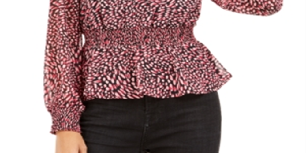 Bar III Women's Printed Double V Neck Peplum Top Pink-Black Size 2XS