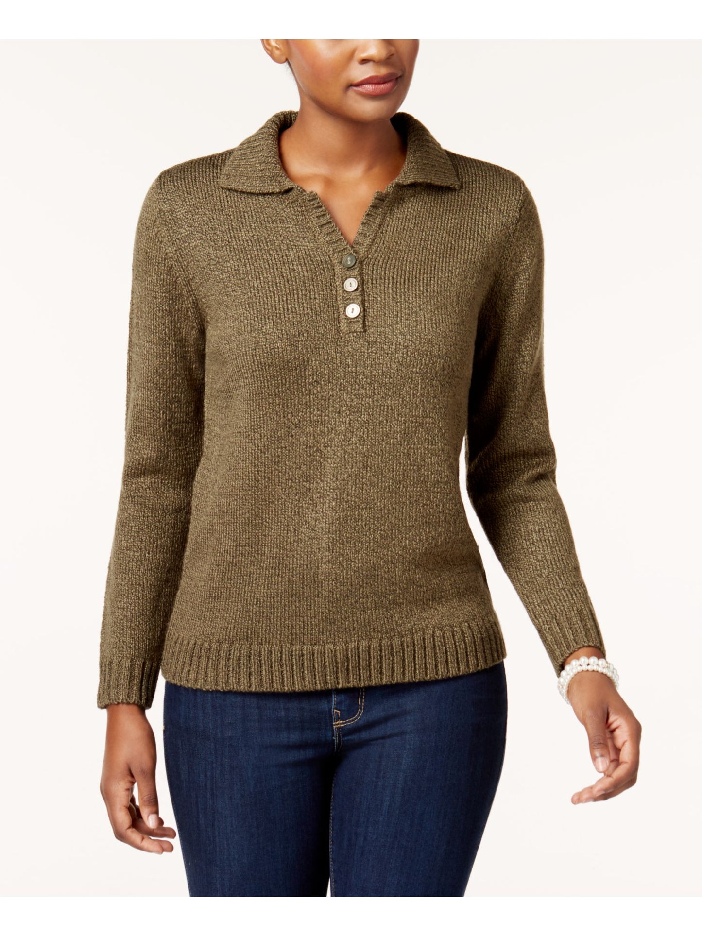 Karen Scott Women's Heather Long Sleeve Collared Sweater Green Size Petite Large
