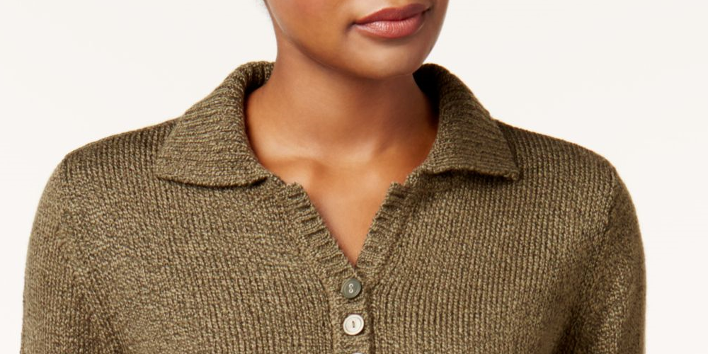 Karen Scott Women's Heather Long Sleeve Collared Sweater Green Size Petite Large