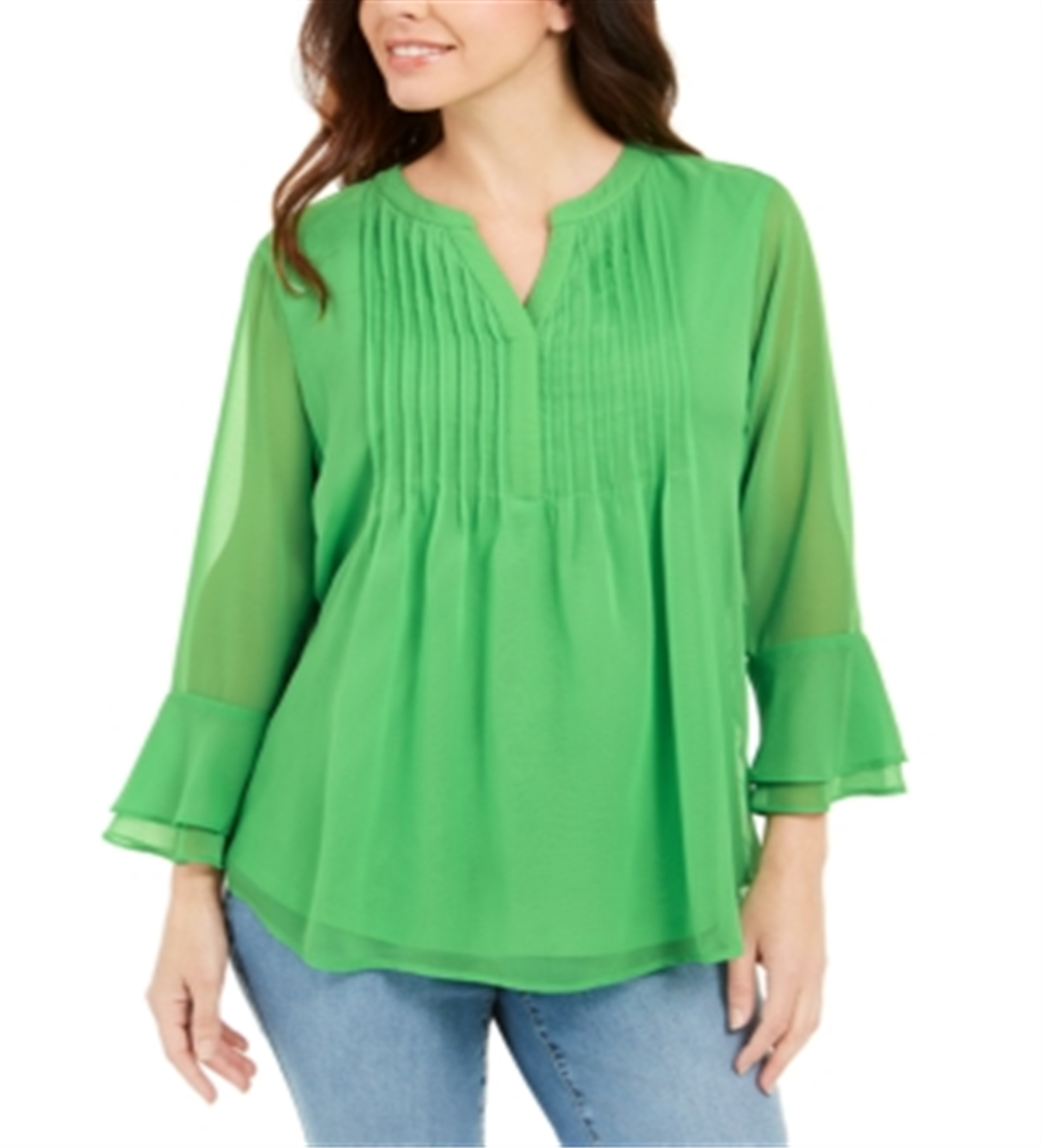 Charter Club Women's Double Ruffle Solid Pintuck Top Green Size X-Large
