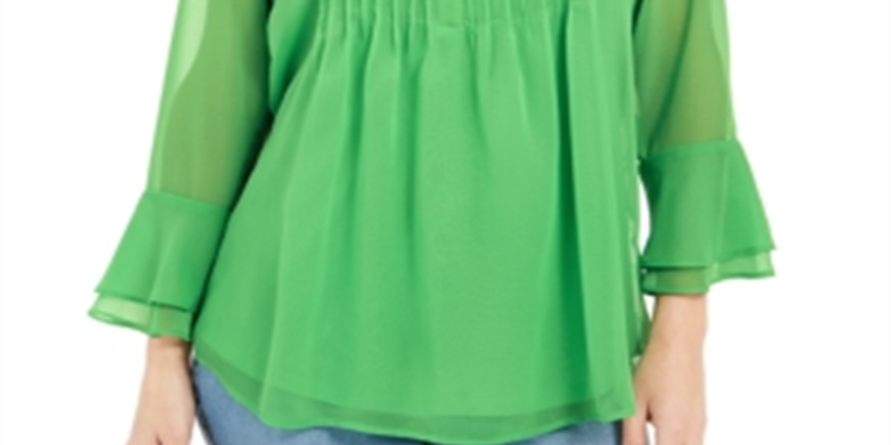 Charter Club Women's Double Ruffle Solid Pintuck Top Green Size X-Large