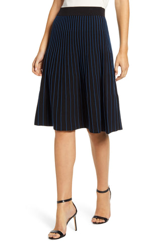 Anne Klein Women's Striped Below the Knee Pleated Skirt Black Size Large