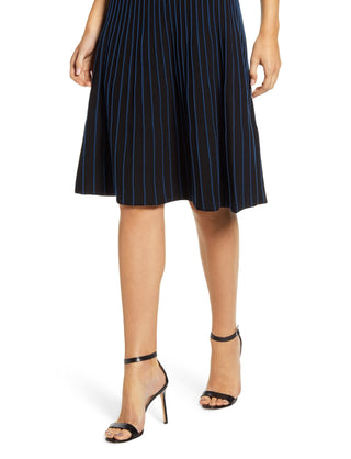 Anne Klein Women's Striped Below the Knee Pleated Skirt Black Size Large