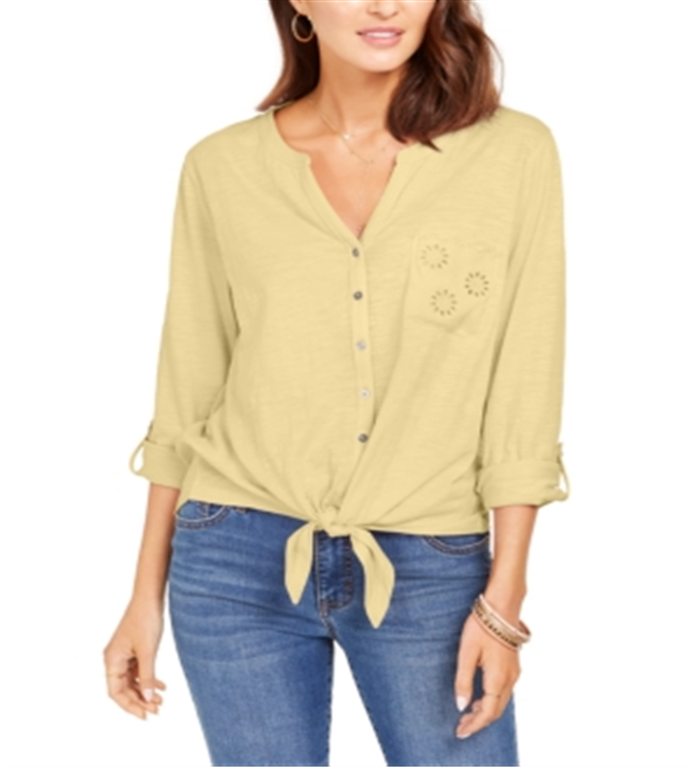Style & Co Women's Eyelet Pocket Tie Front Top Yellow Size X-Small