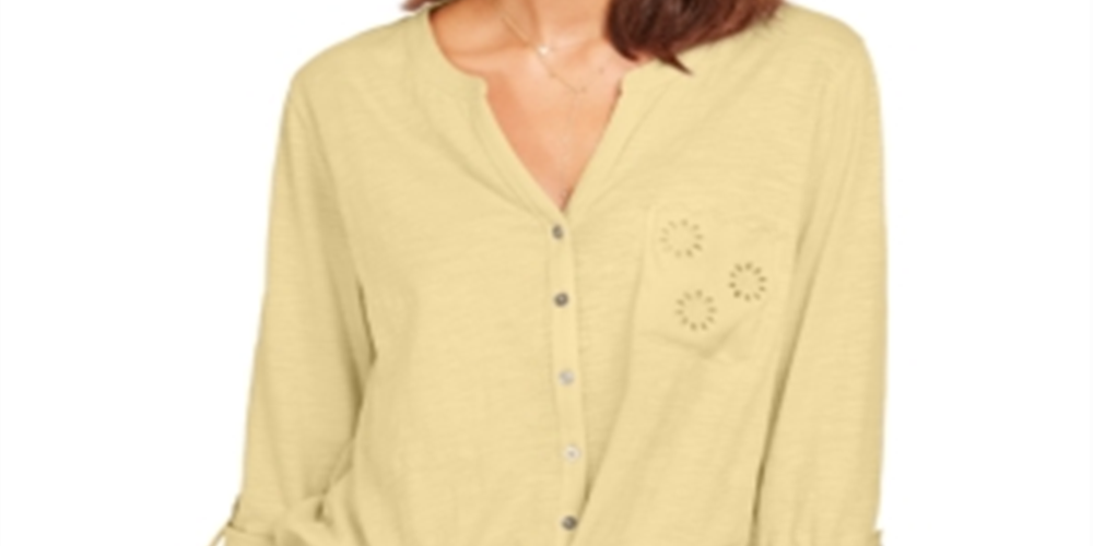 Style & Co Women's Eyelet Pocket Tie Front Top Yellow Size X-Small