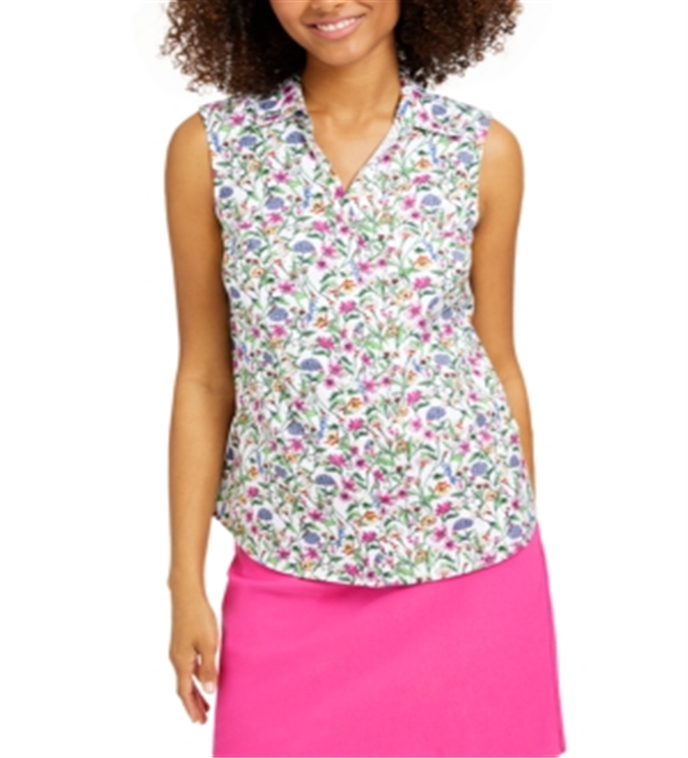 Charter Club Women's Floral Print Sleeveless Shirt White Size 14