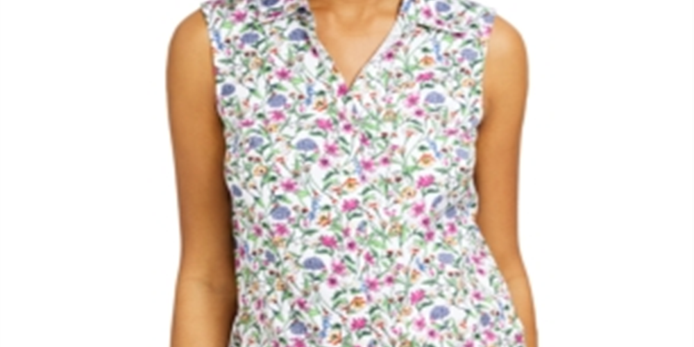 Charter Club Women's Floral Print Sleeveless Shirt White Size 14