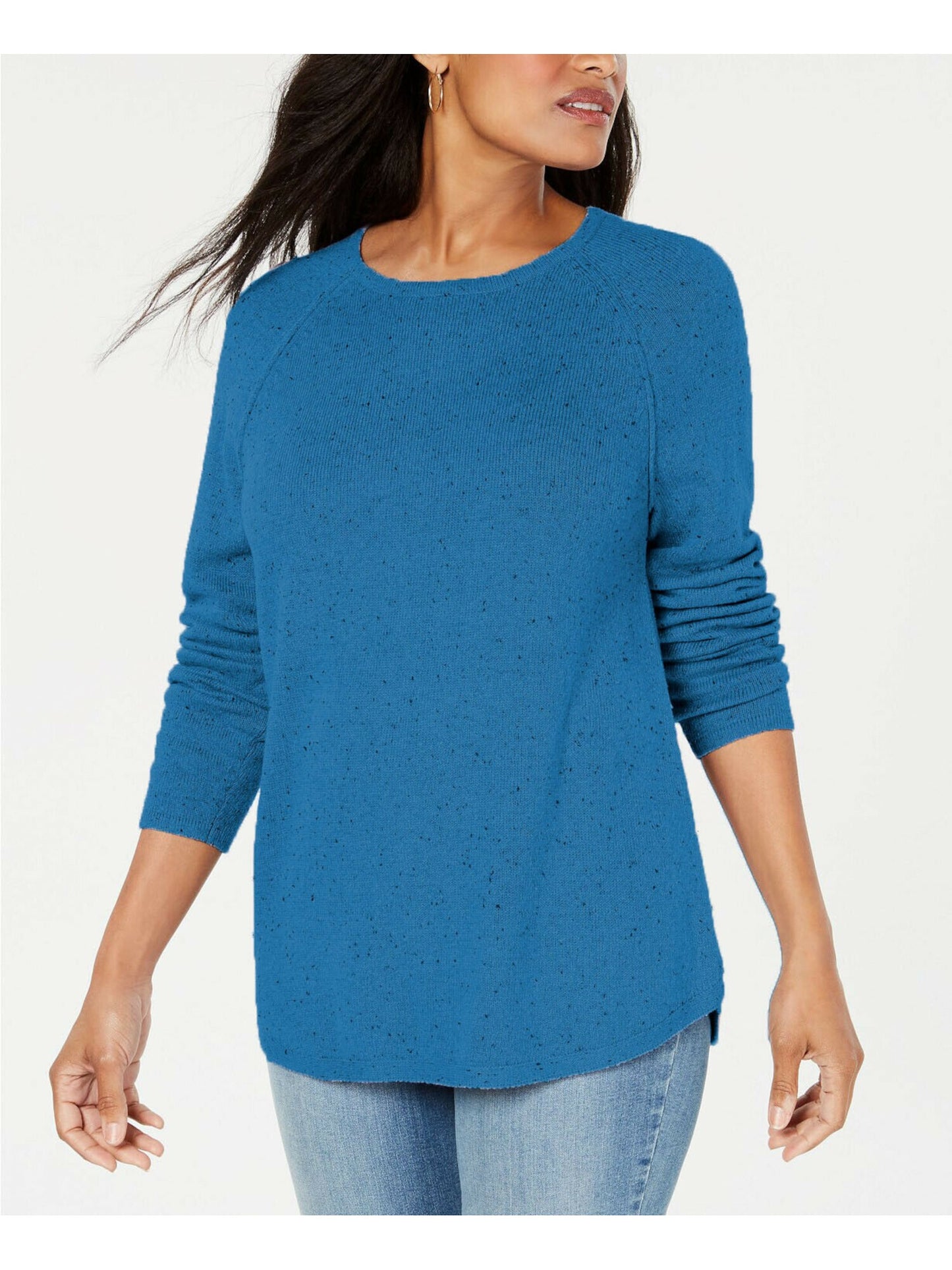 Karen Scott Women's Curved hem Speckle Long Sleeve Crew Neck Sweater Teal Size Medium
