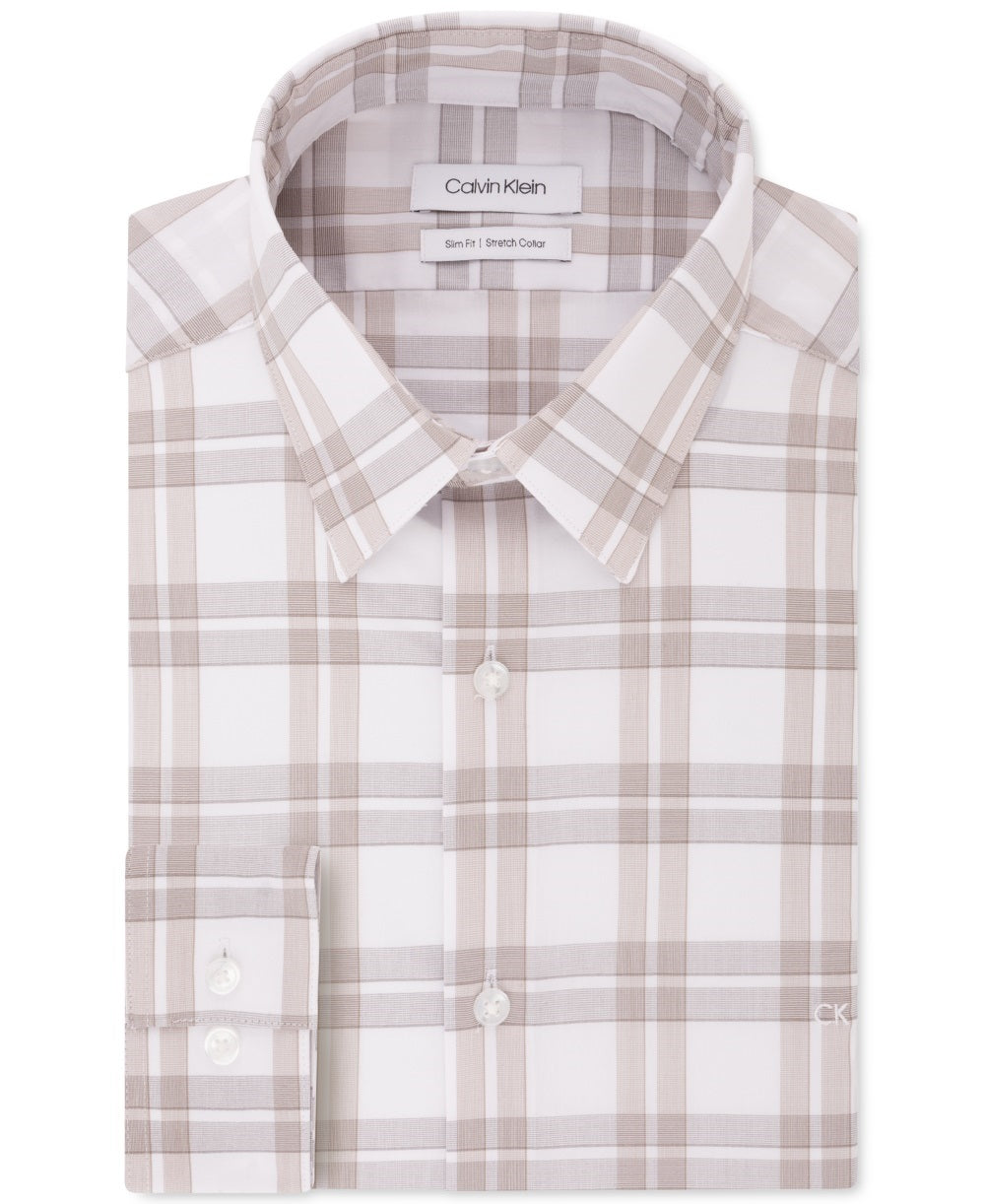 Calvin Klein Men's Logo Slim Fit Stretch Collar Dress Shirt Beige Size 32-33