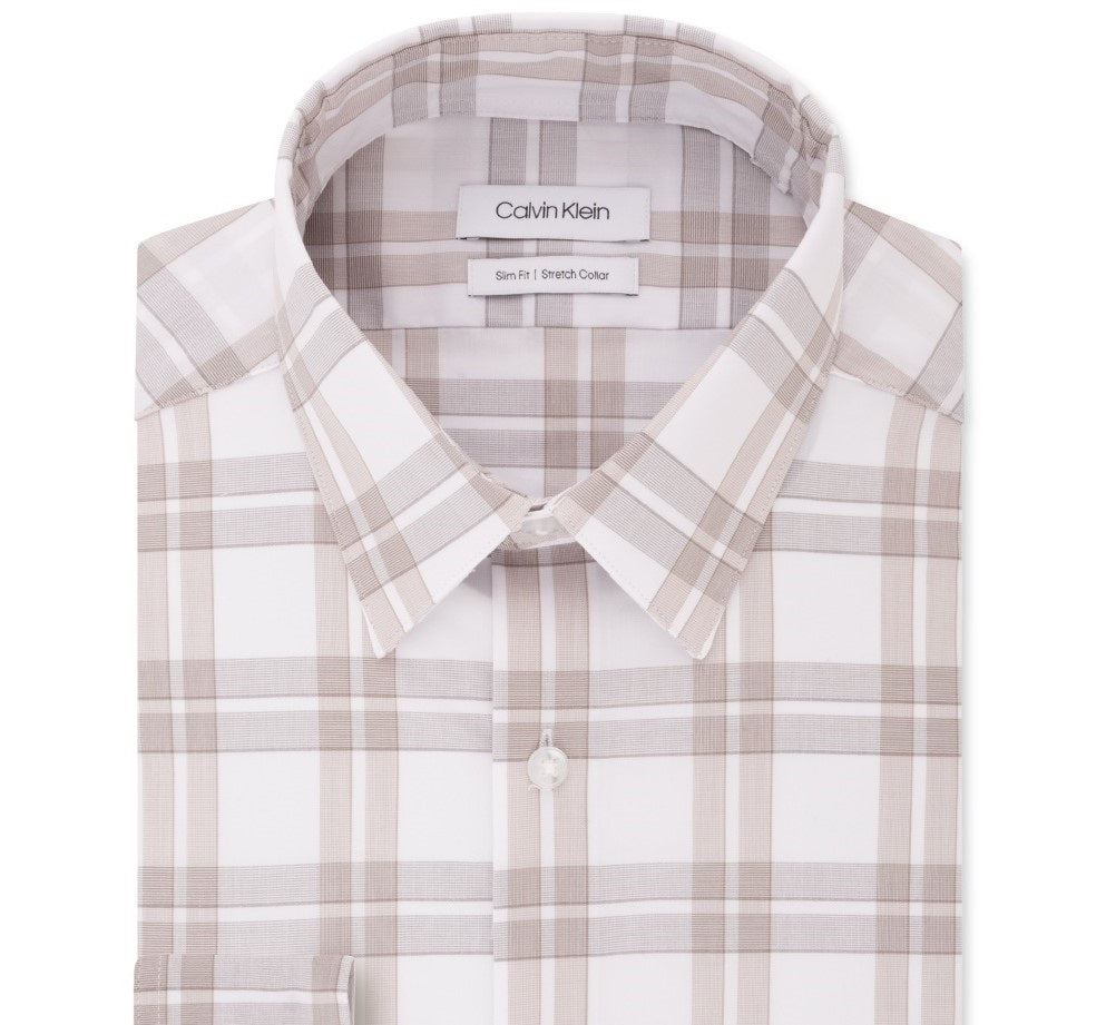 Calvin Klein Men's Logo Slim Fit Stretch Collar Dress Shirt Beige Size 32-33