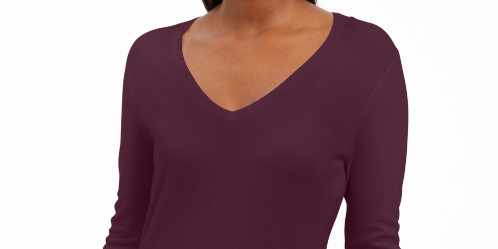 JM Collection Women's Embellished-Sleeve V-Neck Sweater Dark Purple Size Large