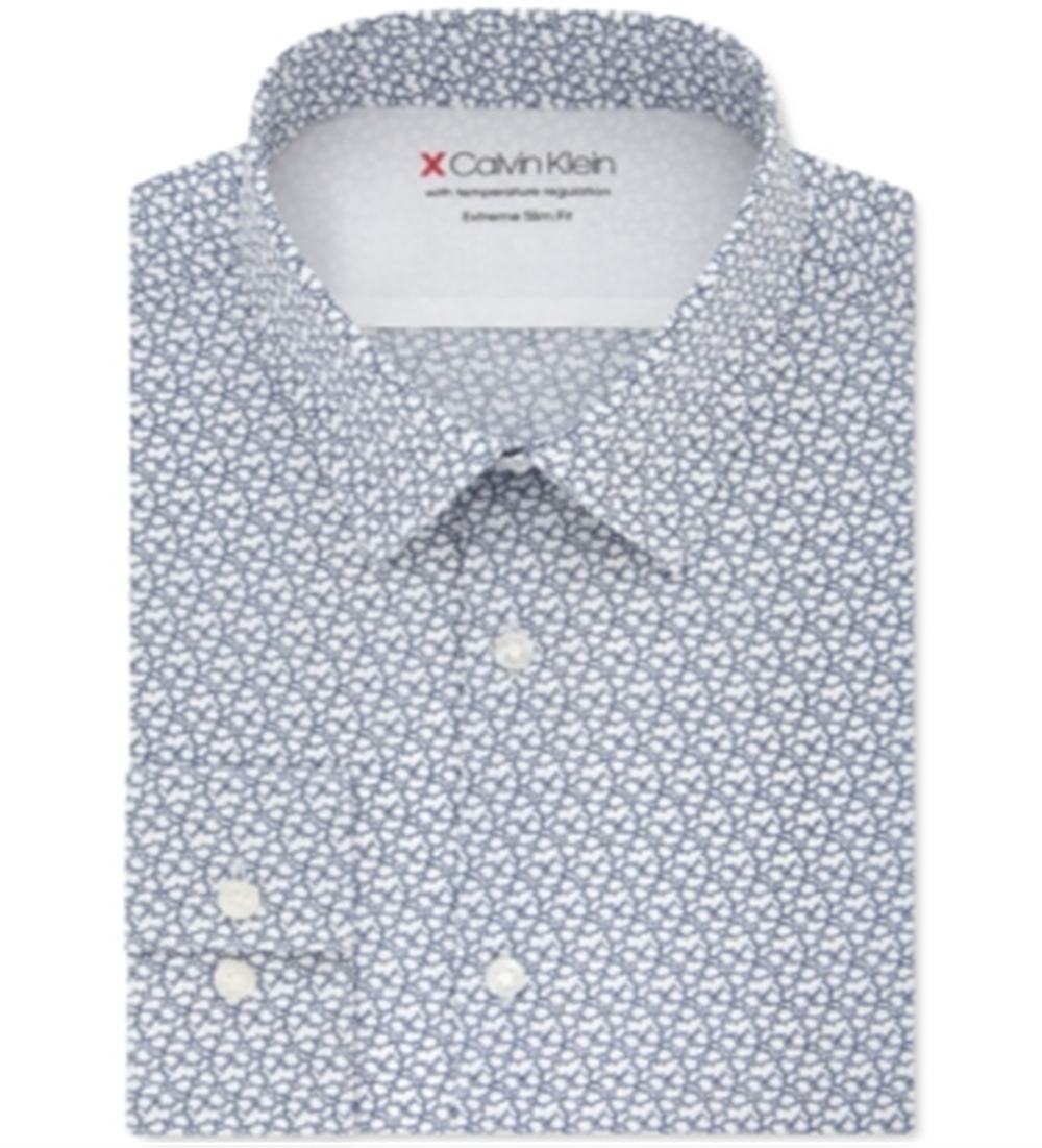 Calvin Klein Men's Extra Slim Fit Temperature Regulating Stretch Print Dress Shirt Navy-White Size XL