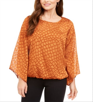 Alfani Women's Snakeskin Print Bubble Blouse Brown Size Petite Small