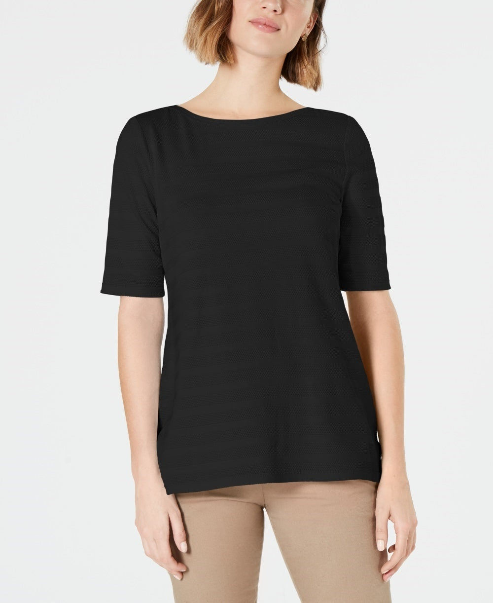Charter Club Women's Cotton Texture-Striped Elbow-Sleeve Top Black Size Small