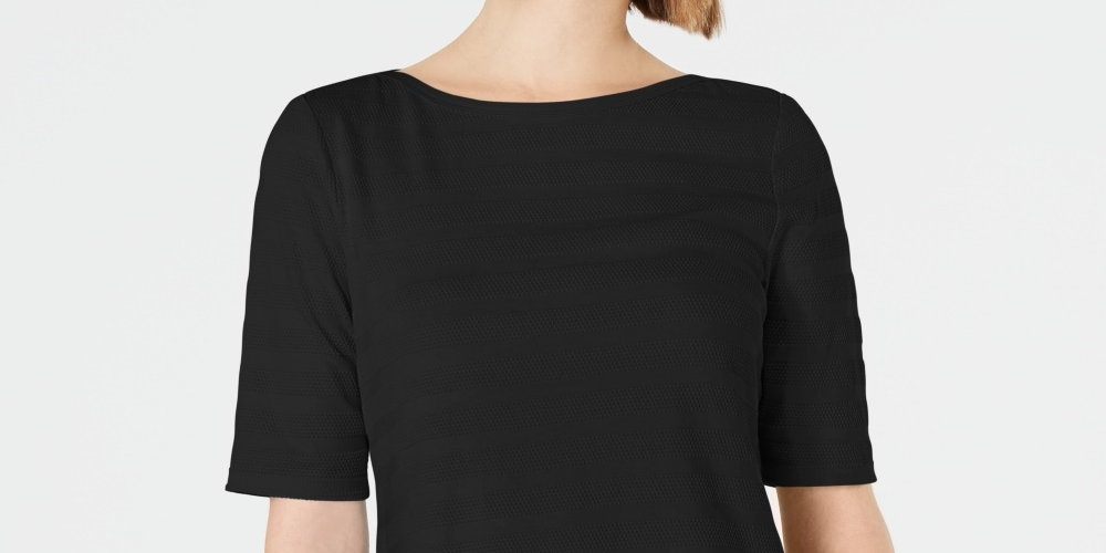 Charter Club Women's Cotton Texture-Striped Elbow-Sleeve Top Black Size Small