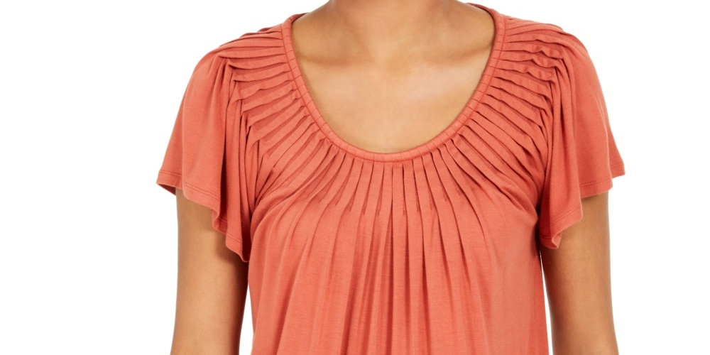 Style & Co Women's Pleated-Neck Flutter-Sleeve Top Brown Size X-Small