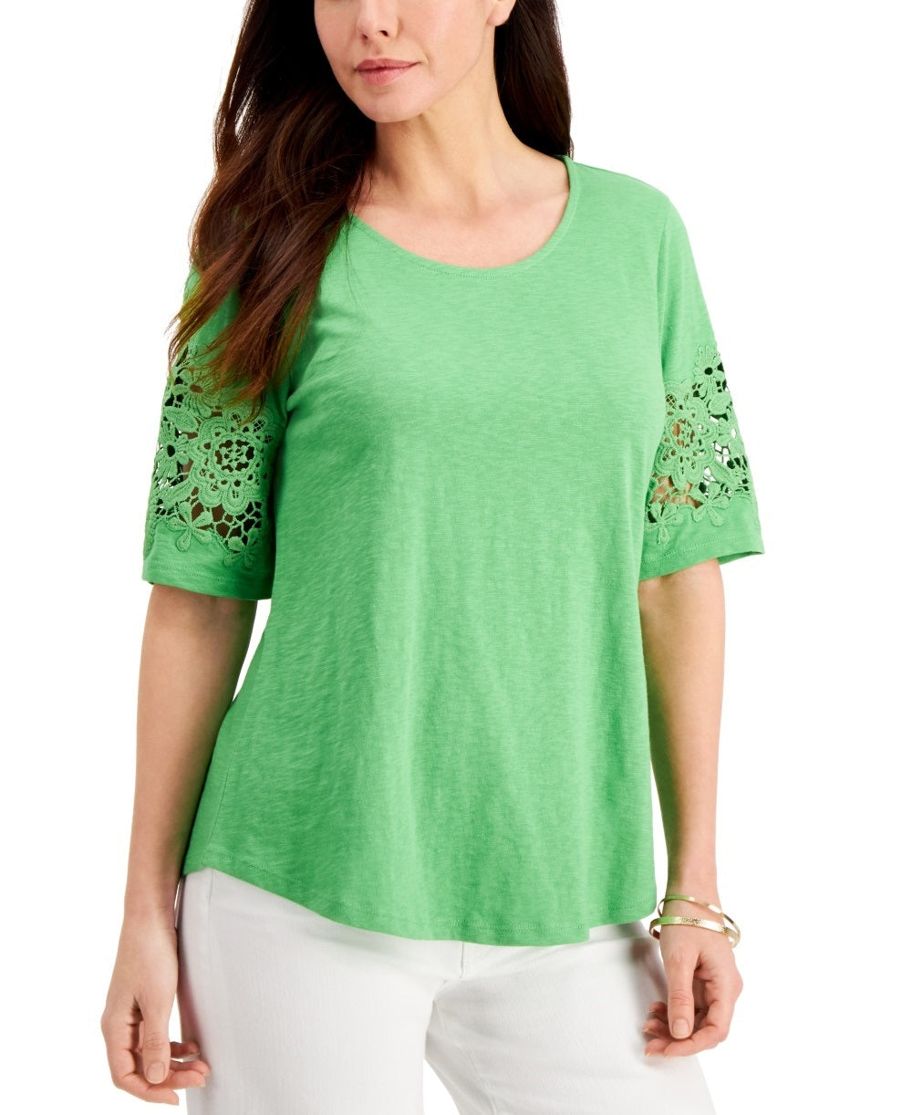 Charter Club Women's Cotton Lace-TrimTop  Green Size X-Large