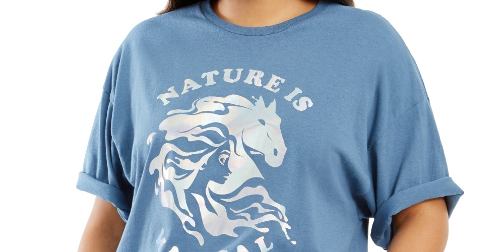 Mighty Fine Women's Trendy Plus Size Cotton Nature Is Magical Boyfriend T-Shirt Blue Size 3X